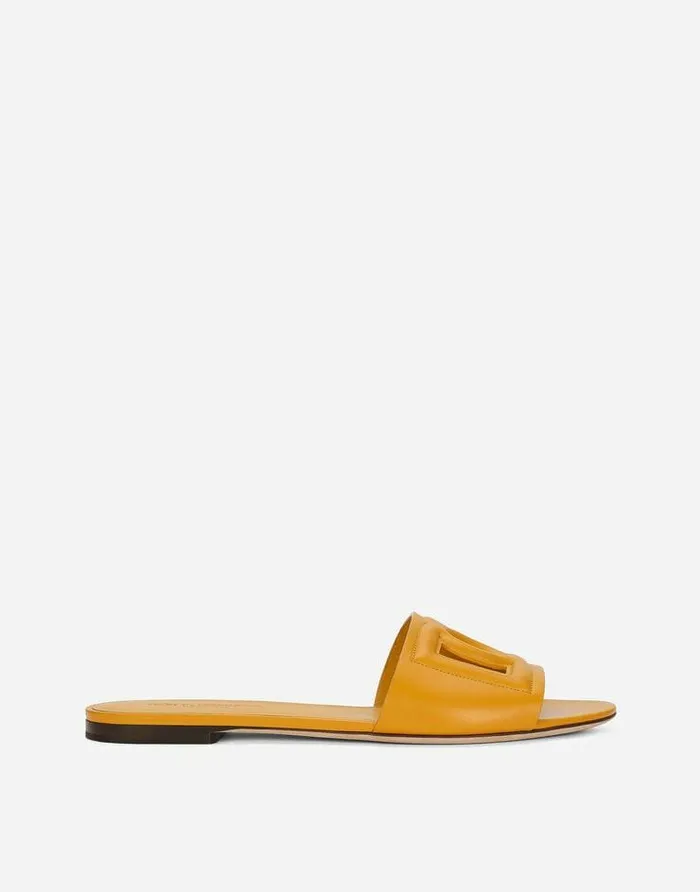 Dolce and Gabbana Slides And Mules Women Calfskin Slides With DG Logo Yellow