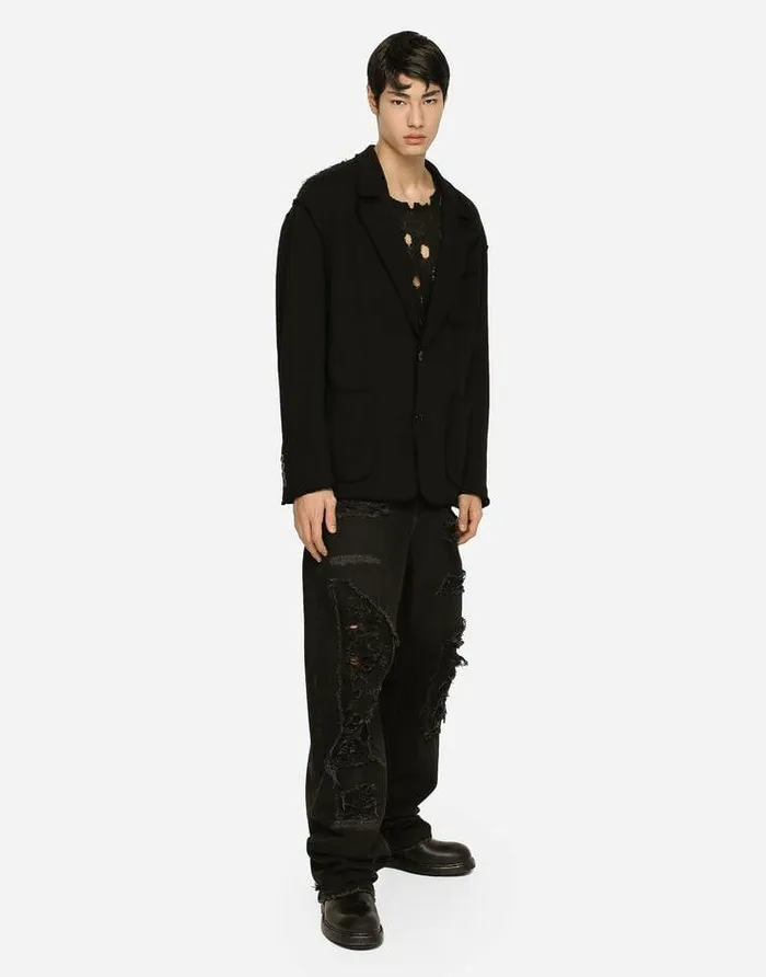 Dolce and Gabbana Suits And Blazers Men Oversize Jersey Jacket With Logo Tag Black Dolce and Gabbana Suits And Blazers Men Oversize Jersey Jacket With Logo Tag Black