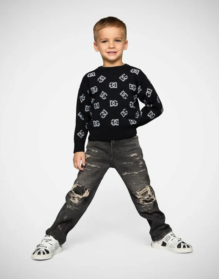 Dolce and Gabbana Sweaters Children Roundneck Sweater With Jacquard DG Logo Multicolor Dolce and Gabbana Sweaters Children Roundneck Sweater With Jacquard DG Logo Multicolor