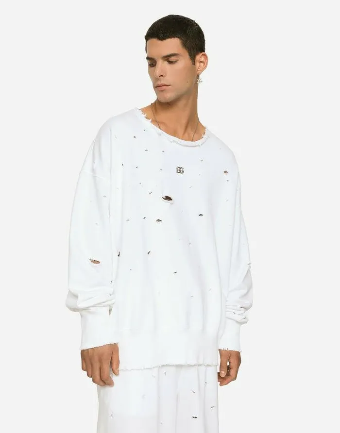 Dolce and Gabbana Sweatshirts Men Destroyed Jersey Roundneck Sweatshirt With DG Logo White Dolce and Gabbana Sweatshirts Men Destroyed Jersey Roundneck Sweatshirt With DG Logo White
