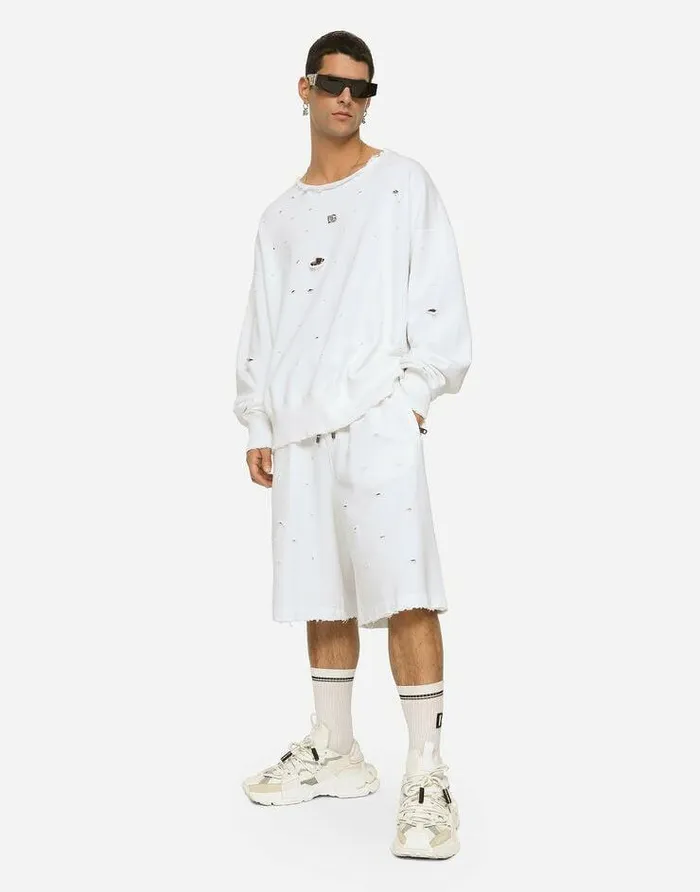 Dolce and Gabbana Sweatshirts Men Destroyed Jersey Roundneck Sweatshirt With DG Logo White Dolce and Gabbana Sweatshirts Men Destroyed Jersey Roundneck Sweatshirt With DG Logo White