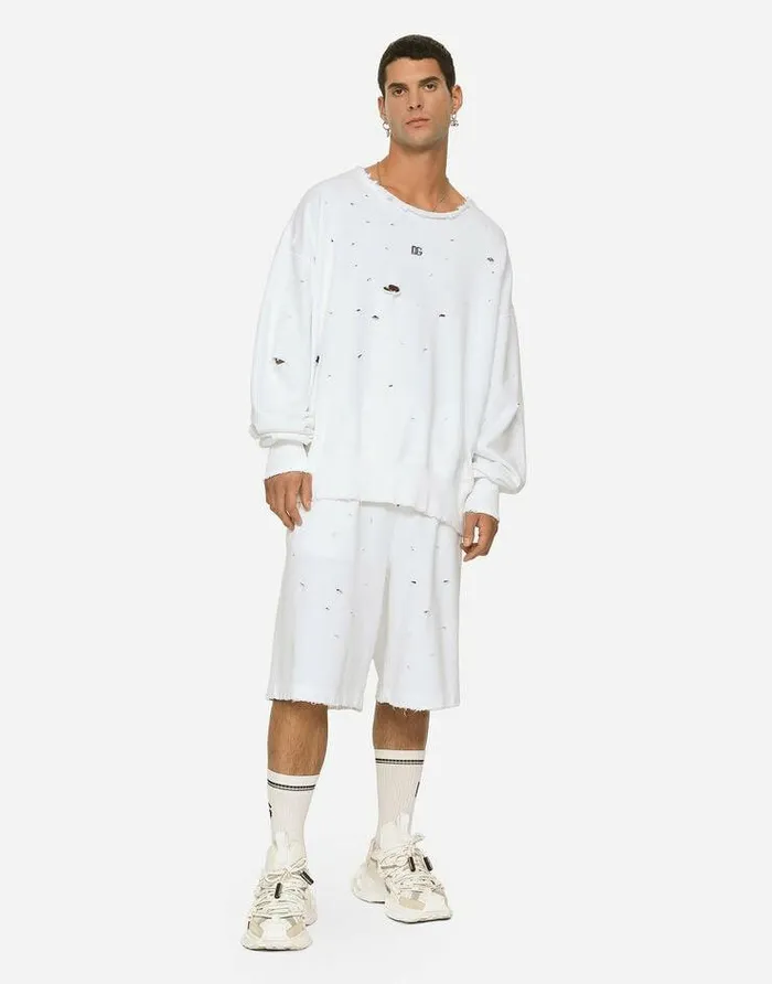 Dolce and Gabbana Sweatshirts Men Destroyed Jersey Roundneck Sweatshirt With DG Logo White Dolce and Gabbana Sweatshirts Men Destroyed Jersey Roundneck Sweatshirt With DG Logo White