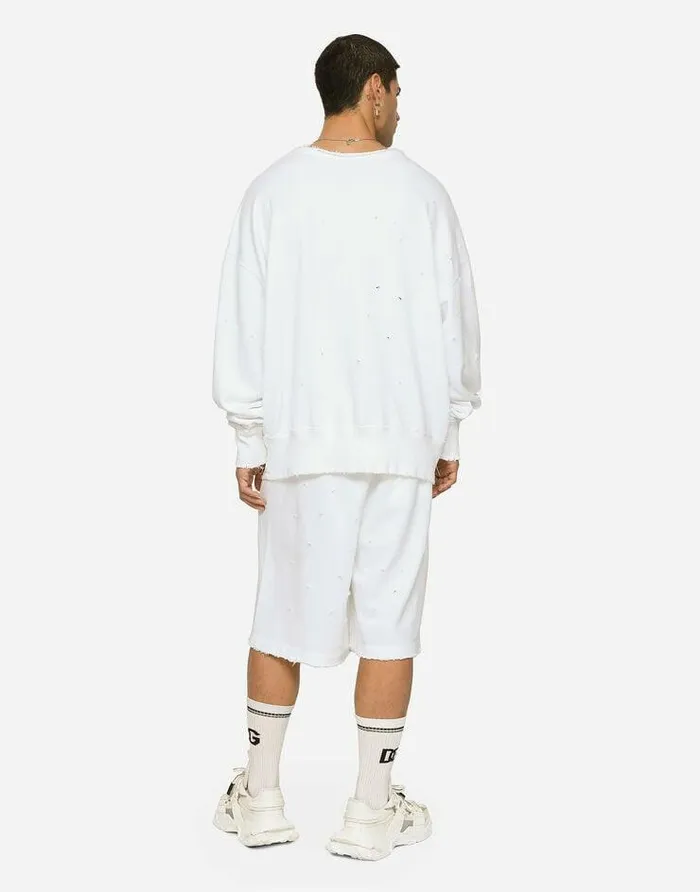 Dolce and Gabbana Sweatshirts Men Destroyed Jersey Roundneck Sweatshirt With DG Logo White Dolce and Gabbana Sweatshirts Men Destroyed Jersey Roundneck Sweatshirt With DG Logo White