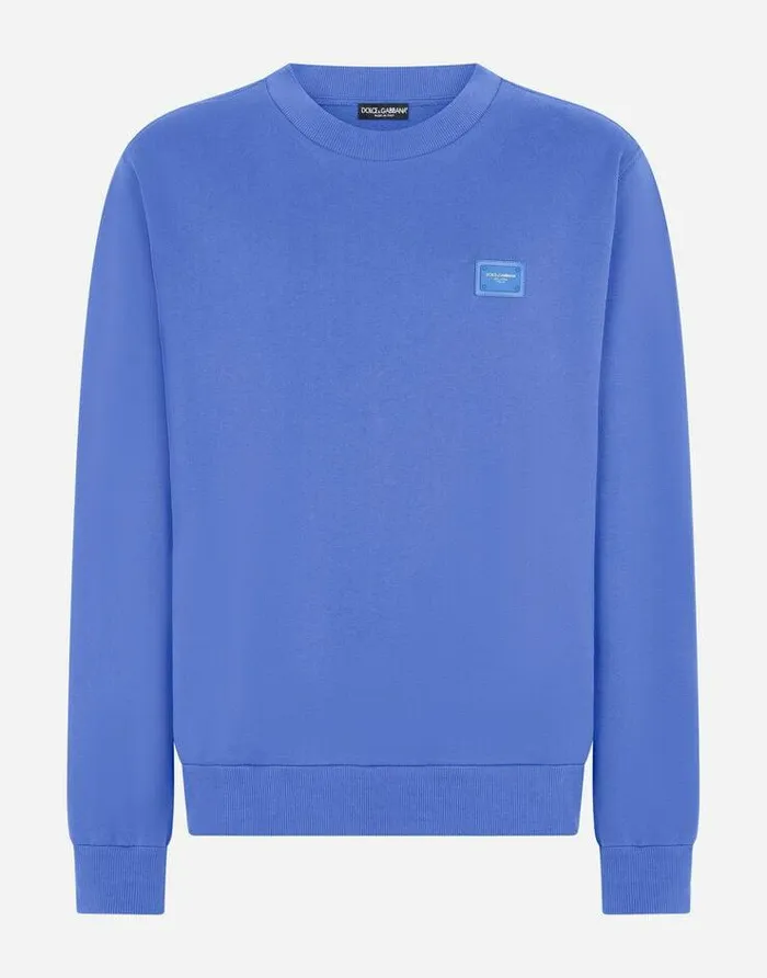 Dolce and Gabbana Sweatshirts Men Jersey Sweatshirt With Branded Plate Blue