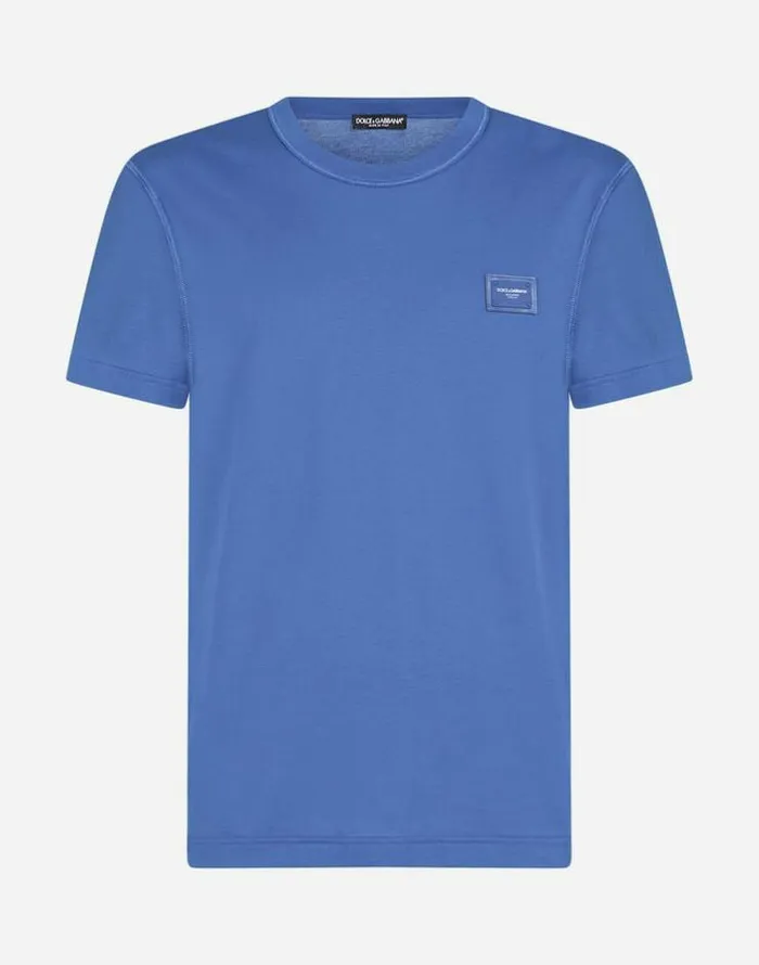 Dolce and Gabbana TShirts And Polos Men Cotton Tshirt With Logoed Plaque Turquoise