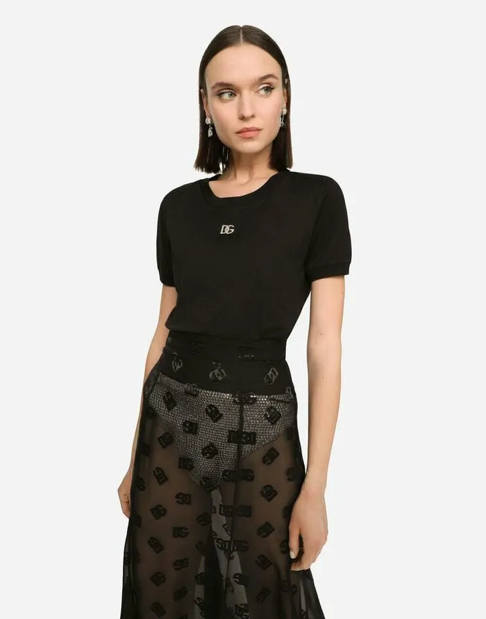 Dolce and Gabbana TShirts And Sweatshirts Women Tshirt With DG Crystal Logo Black Dolce and Gabbana TShirts And Sweatshirts Women Tshirt With DG Crystal Logo Black