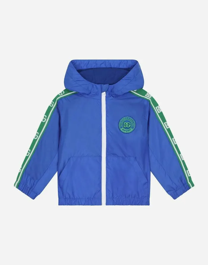 Dolce and Gabbana Topwear Children Nylon Jacket With DG Logo Band Blue