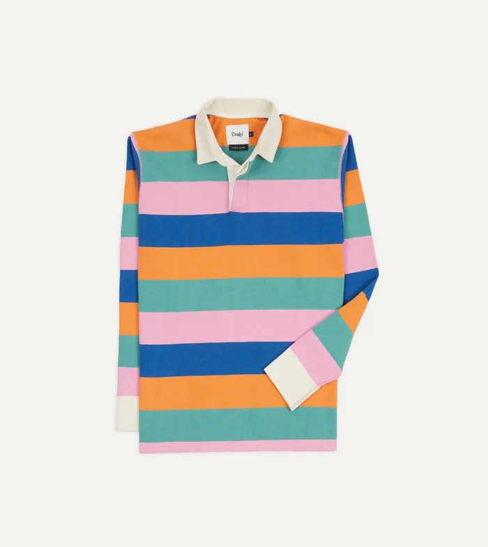 Drake039s Navy Orange Green And Pink Stripe Cotton Rugby Shirt 8211 ClothingShirts
