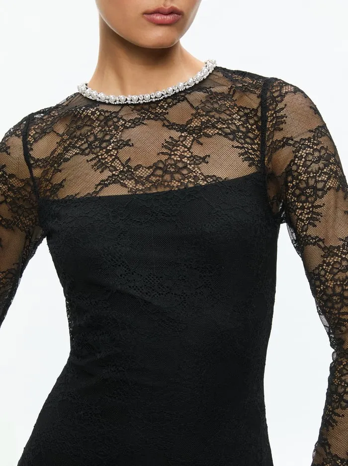 Dresses Women Alice Olivia Delora Embellished Neck Long Sleeve Lace Mini Dress Black