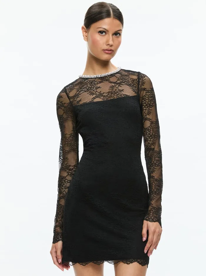 Dresses Women Alice Olivia Delora Embellished Neck Long Sleeve Lace Mini Dress Black