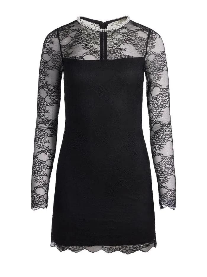 Dresses Women Alice Olivia Delora Embellished Neck Long Sleeve Lace Mini Dress Black