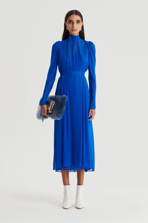 Dresses Women Scanlan Theodore SILK GEORGETTE GATHER NECK DRESS Cobalt