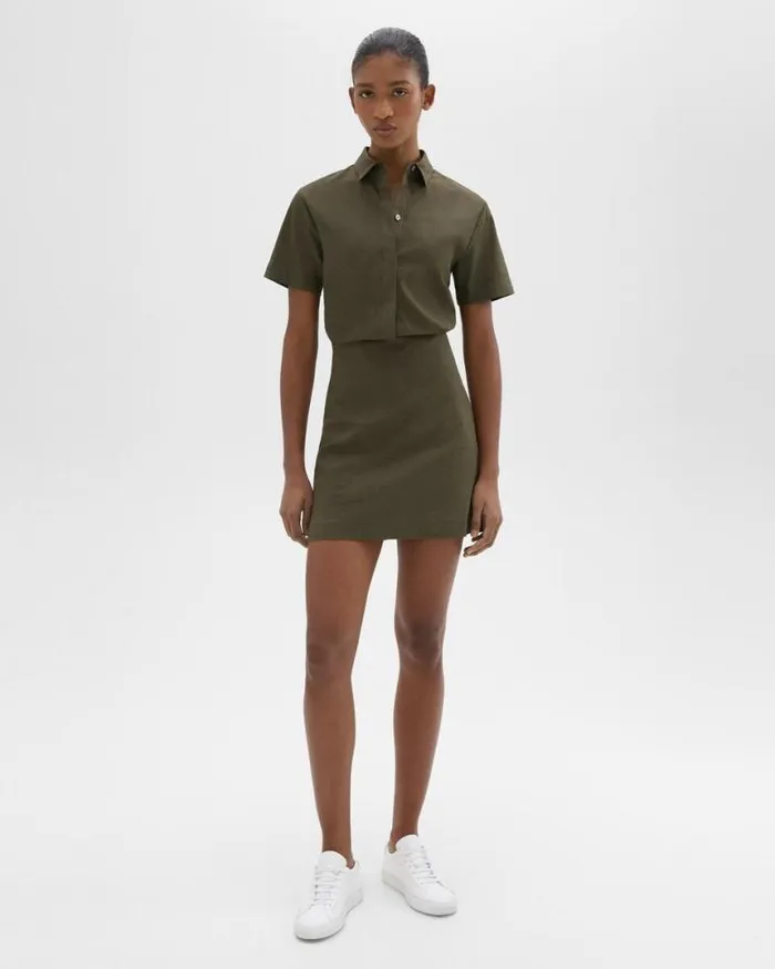 Dresses Women Theory ShortSleeve ALine Dress In Good Linen Dark Olive