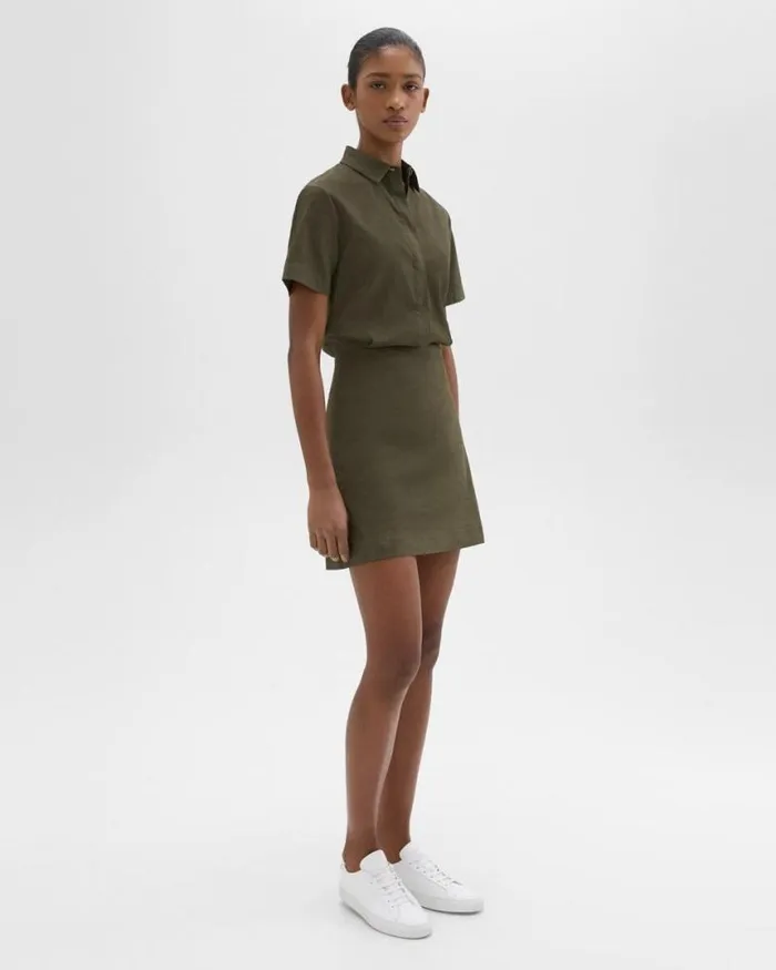 Dresses Women Theory ShortSleeve ALine Dress In Good Linen Dark Olive