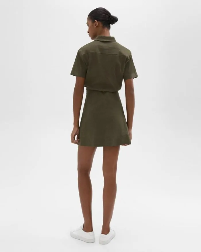 Dresses Women Theory ShortSleeve ALine Dress In Good Linen Dark Olive