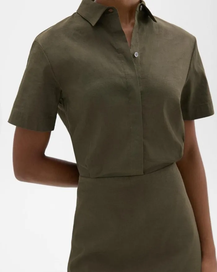 Dresses Women Theory ShortSleeve ALine Dress In Good Linen Dark Olive