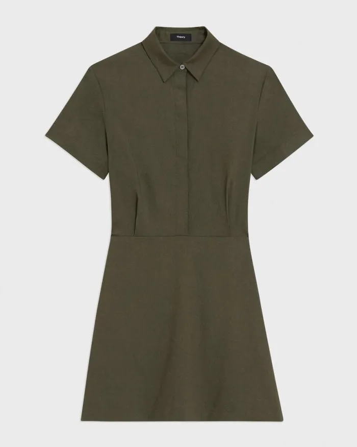 Dresses Women Theory ShortSleeve ALine Dress In Good Linen Dark Olive