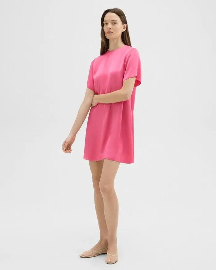 Dresses Women Theory TShirt Dress In Crushed Satin Pink Azalea Dresses Women Theory TShirt Dress In Crushed Satin Pink Azalea