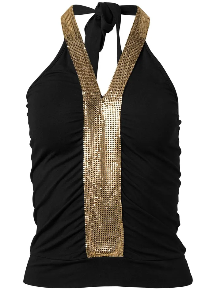 EMBELLISHED HALTER TOP Black and Gold Women VENUS Night Out Tops EMBELLISHED HALTER TOP Black and Gold Women VENUS Night Out Tops
