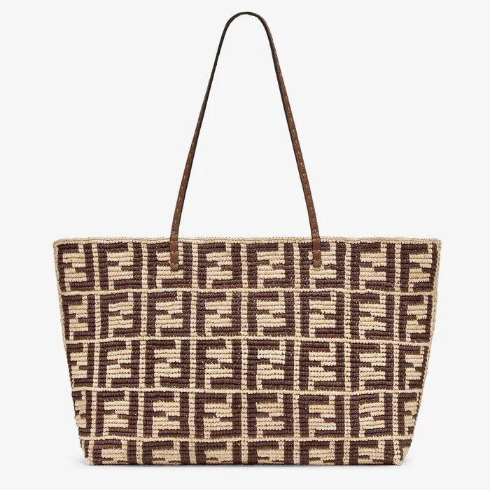 Fendi Tote Bags Large Roll Brown FF Raffia Crochet Shopper 8211 Women