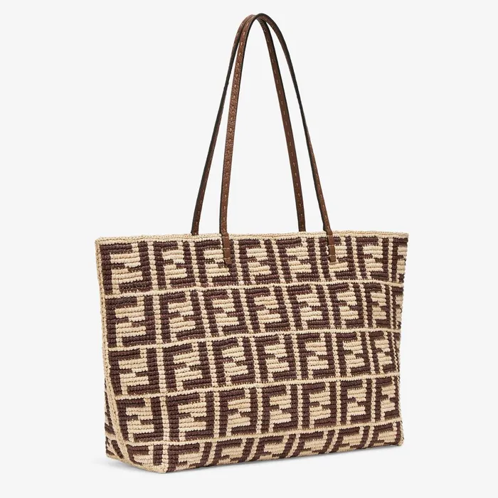 Fendi Tote Bags Large Roll Brown FF Raffia Crochet Shopper 8211 Women