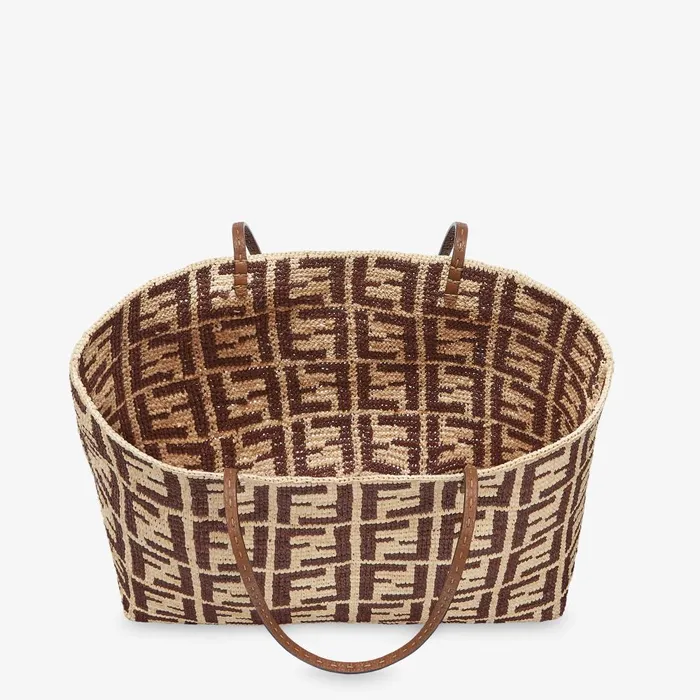 Fendi Tote Bags Large Roll Brown FF Raffia Crochet Shopper 8211 Women