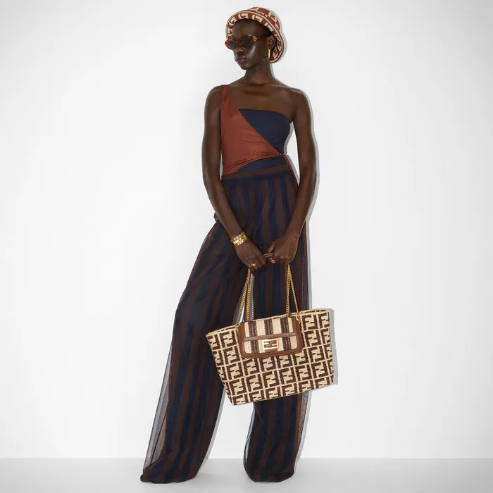 Fendi Tote Bags Large Roll Brown FF Raffia Crochet Shopper 8211 Women
