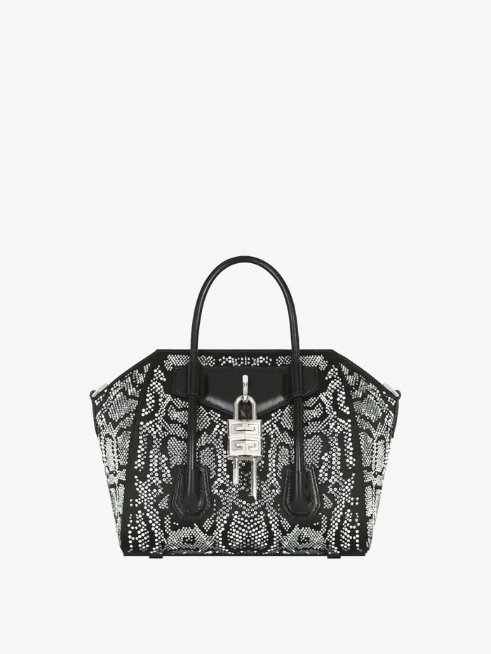 Givenchy Mini Antigona Lock Bag In Satin With Python Effect Strass Black Women Crossbody Bags Givenchy Mini Antigona Lock Bag In Satin With Python Effect Strass Black Women Crossbody Bags