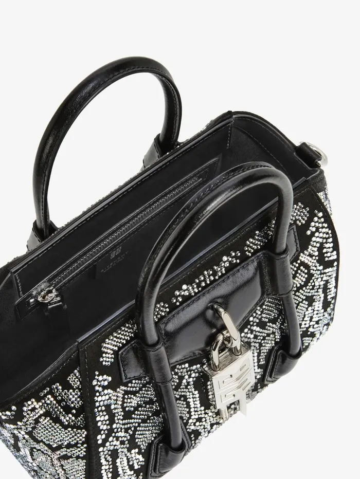 Givenchy Mini Antigona Lock Bag In Satin With Python Effect Strass Black Women Crossbody Bags Givenchy Mini Antigona Lock Bag In Satin With Python Effect Strass Black Women Crossbody Bags