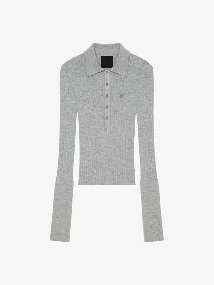 Givenchy Polo Sweater In Wool With 4G Detail Heather Grey Women Knitwear