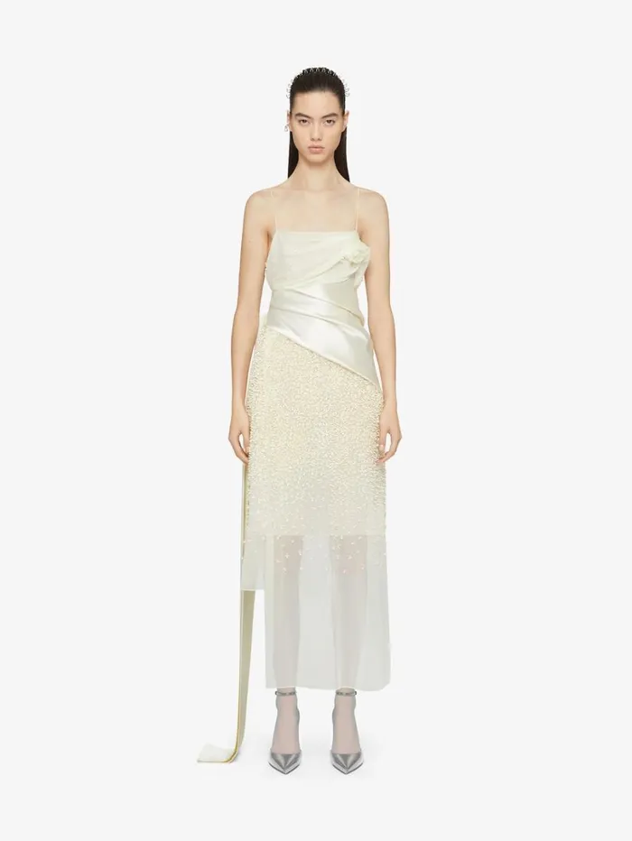 Givenchy Straps Dress In Silk Muslin With Embroidered Flowers Butter Women Dresses