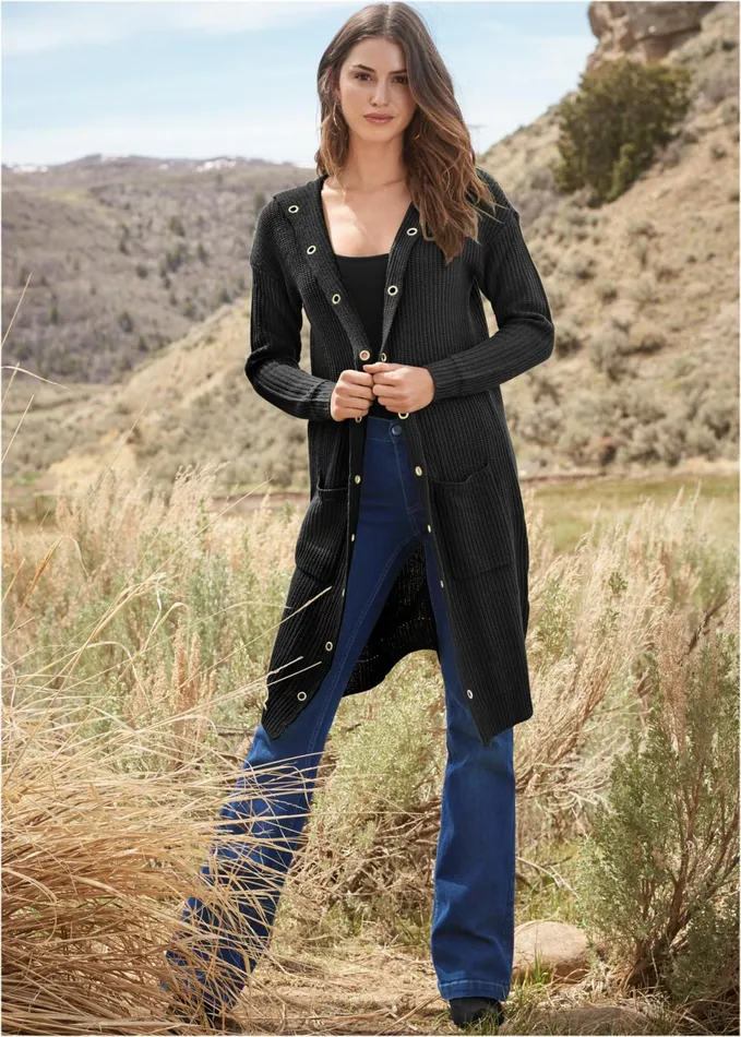 GROMMET DETAIL DUSTER Black Women VENUS Cardigans and Dusters