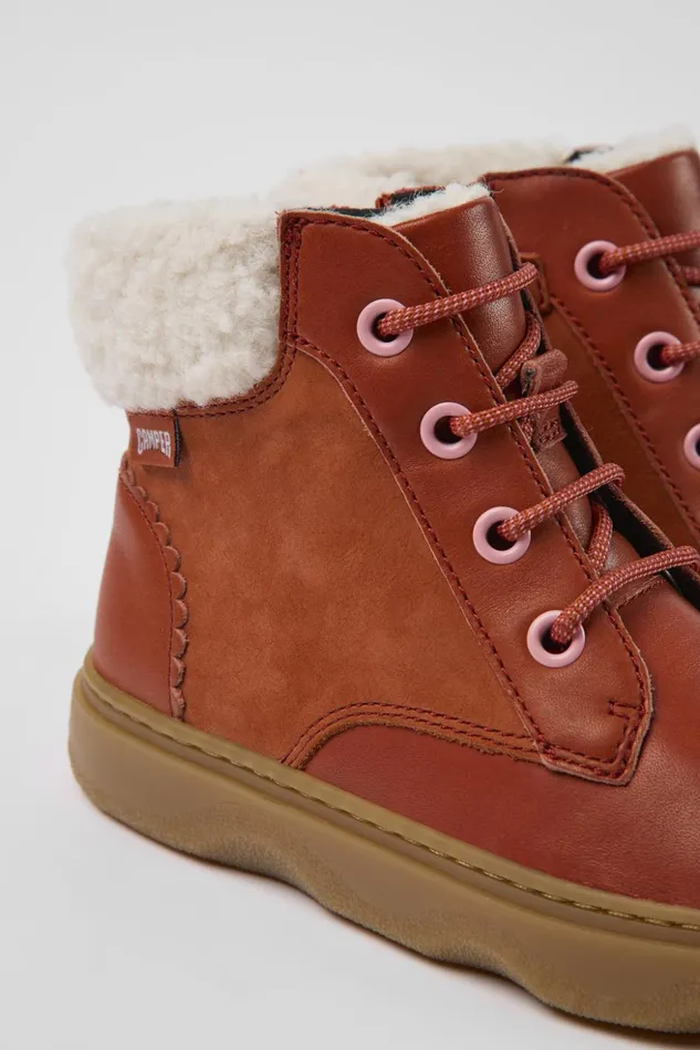 Kids Kiddo Red Leather And Nubuck Ankle Boots For Kids Camper Boots