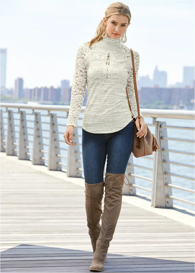 Lace Detail Mockneck Top Cream Multi Women VENUS Night Out Tops