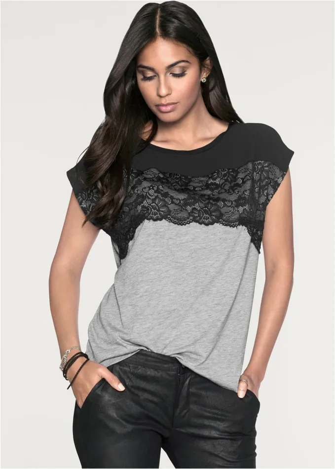LACE DETAIL TEE Grey and Black Women VENUS Short Sleeve Tops