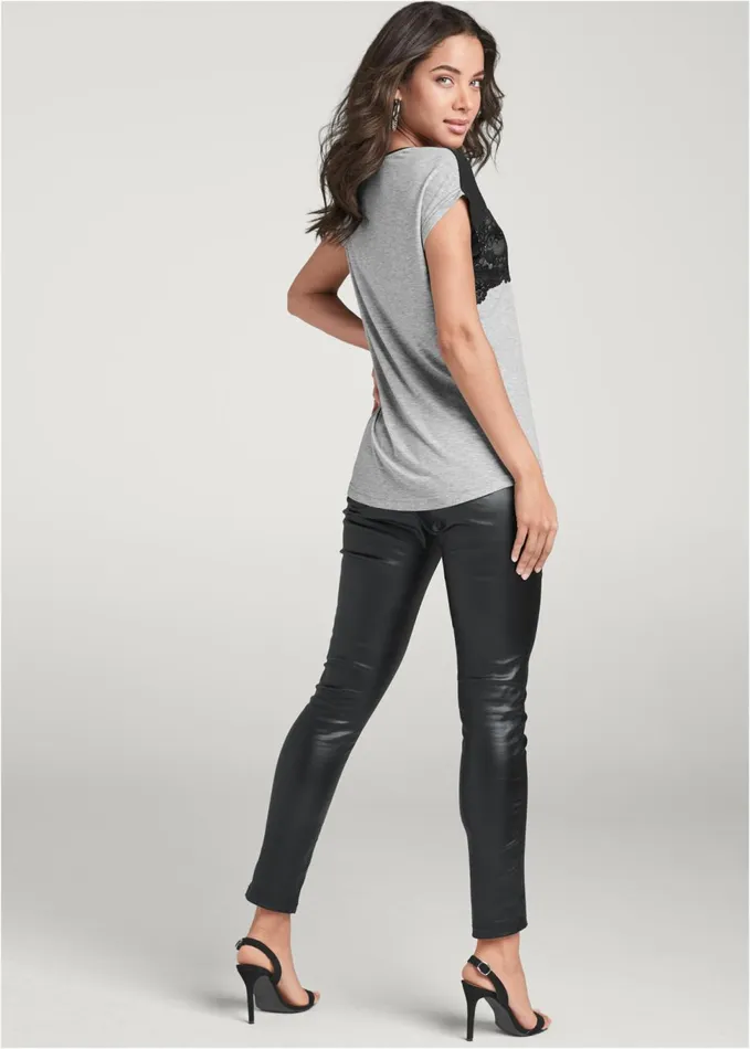 LACE DETAIL TEE Grey and Black Women VENUS Short Sleeve Tops