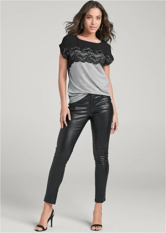 LACE DETAIL TEE Grey and Black Women VENUS Short Sleeve Tops