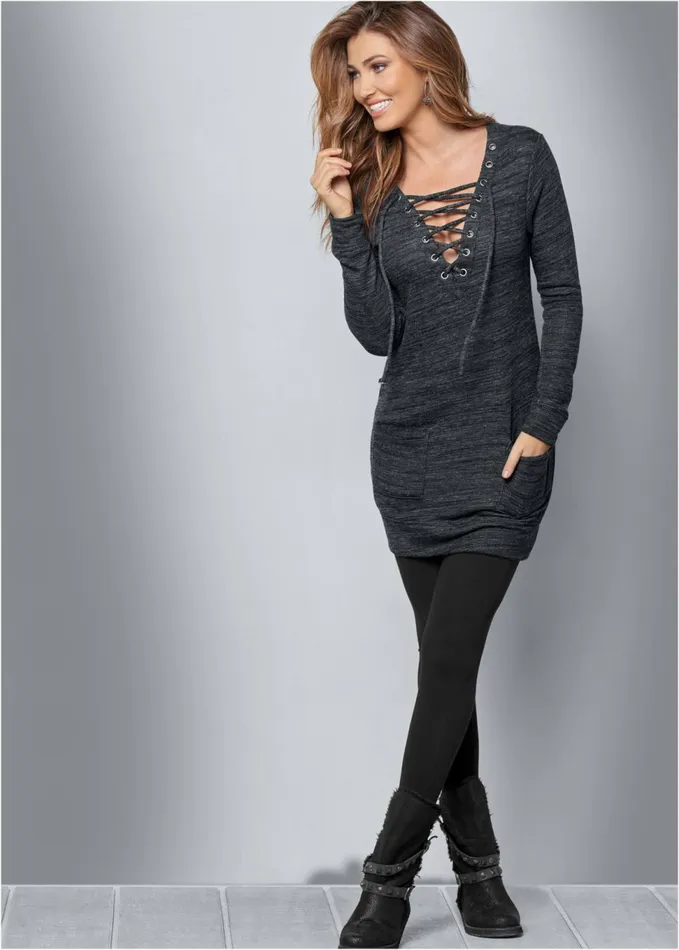LaceUp French Terry Dress Charcoal Grey Women VENUS Short Dresses