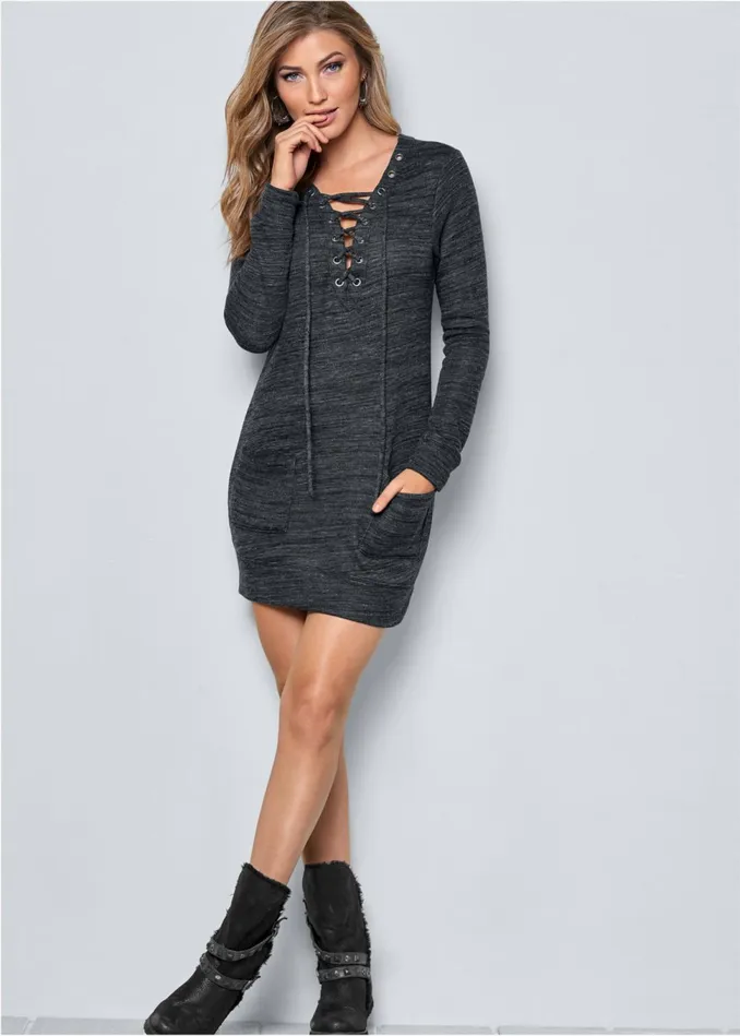 LaceUp French Terry Dress Charcoal Grey Women VENUS Short Dresses