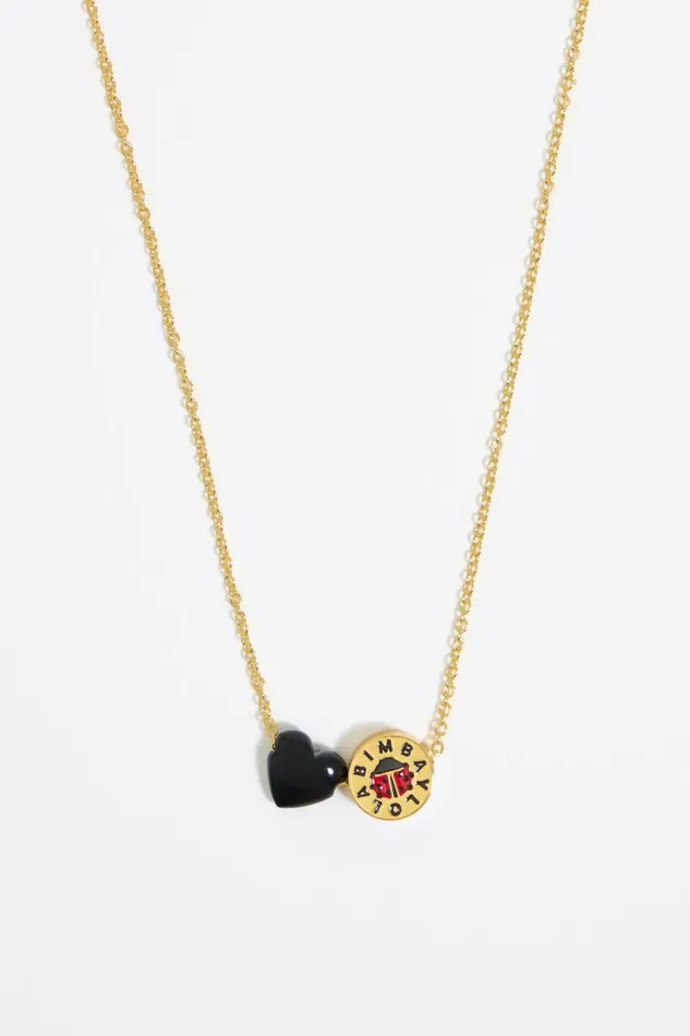 Ladybug Logo And Black Heart Necklace Gold Women Bimba Y Lola Jewelry Ladybug Logo And Black Heart Necklace Gold Women Bimba Y Lola Jewelry