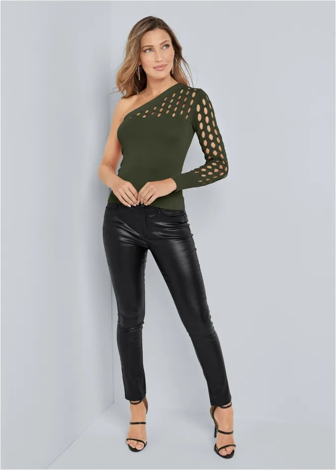 LASER CUT ONESHOULDER SWEATER Olive Women VENUS Sexy Sweaters