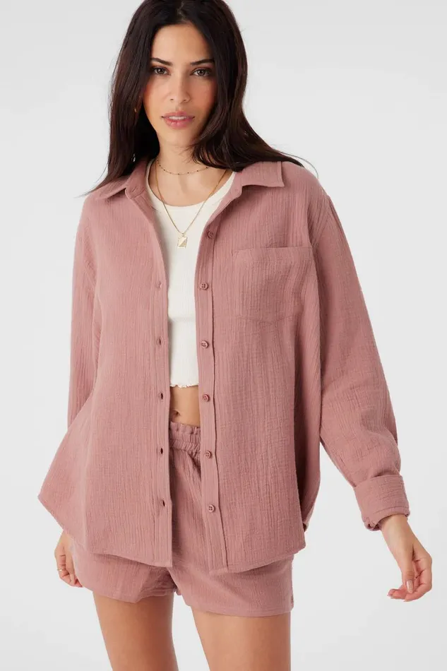 LENI CRINKLE DOUBLE GAUZE BUTTON DOWN SHIRT Burlwood Women O039NEILL Collections