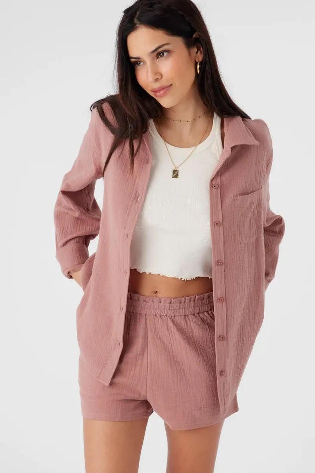 LENI CRINKLE DOUBLE GAUZE BUTTON DOWN SHIRT Burlwood Women O039NEILL Collections