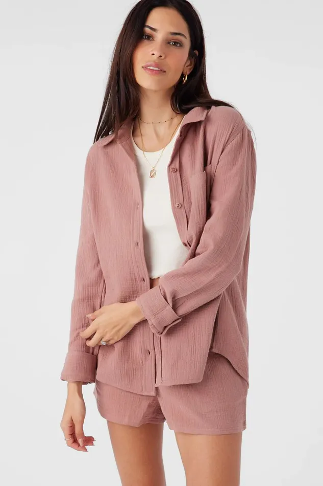 LENI CRINKLE DOUBLE GAUZE BUTTON DOWN SHIRT Burlwood Women O039NEILL Collections