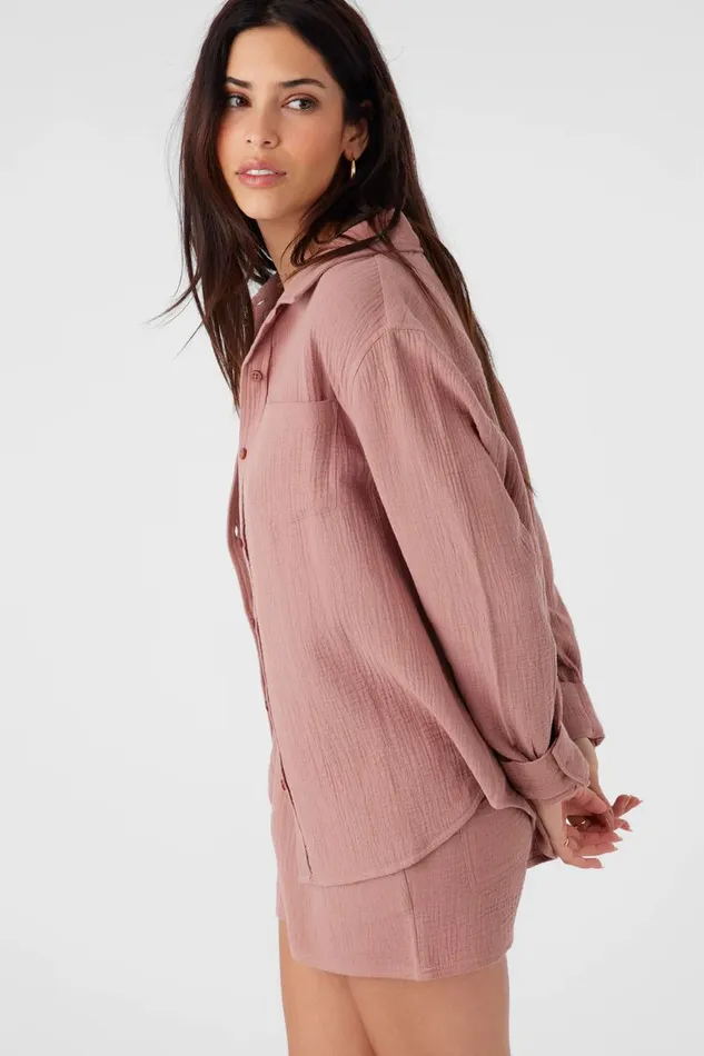 LENI CRINKLE DOUBLE GAUZE BUTTON DOWN SHIRT Burlwood Women O039NEILL Collections