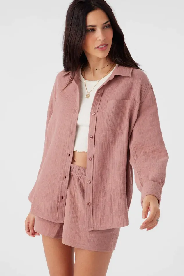 LENI CRINKLE DOUBLE GAUZE BUTTON DOWN SHIRT Burlwood Women O039NEILL Collections
