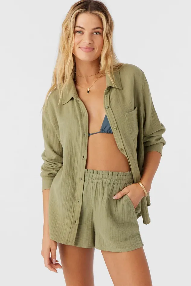 LENI CRINKLE DOUBLE GAUZE BUTTON DOWN SHIRT Oil Green Women O039NEILL Collections