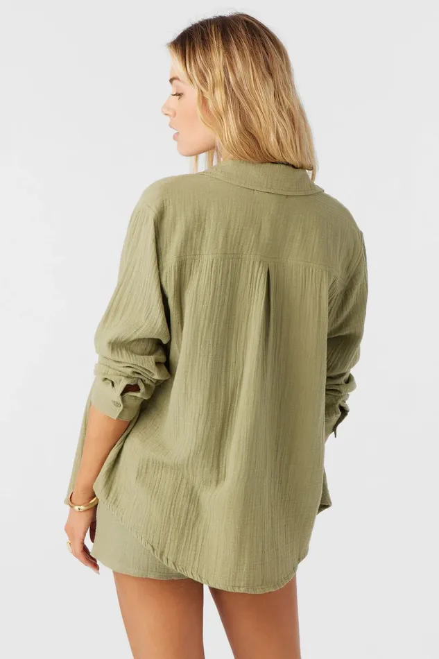 LENI CRINKLE DOUBLE GAUZE BUTTON DOWN SHIRT Oil Green Women O039NEILL Collections