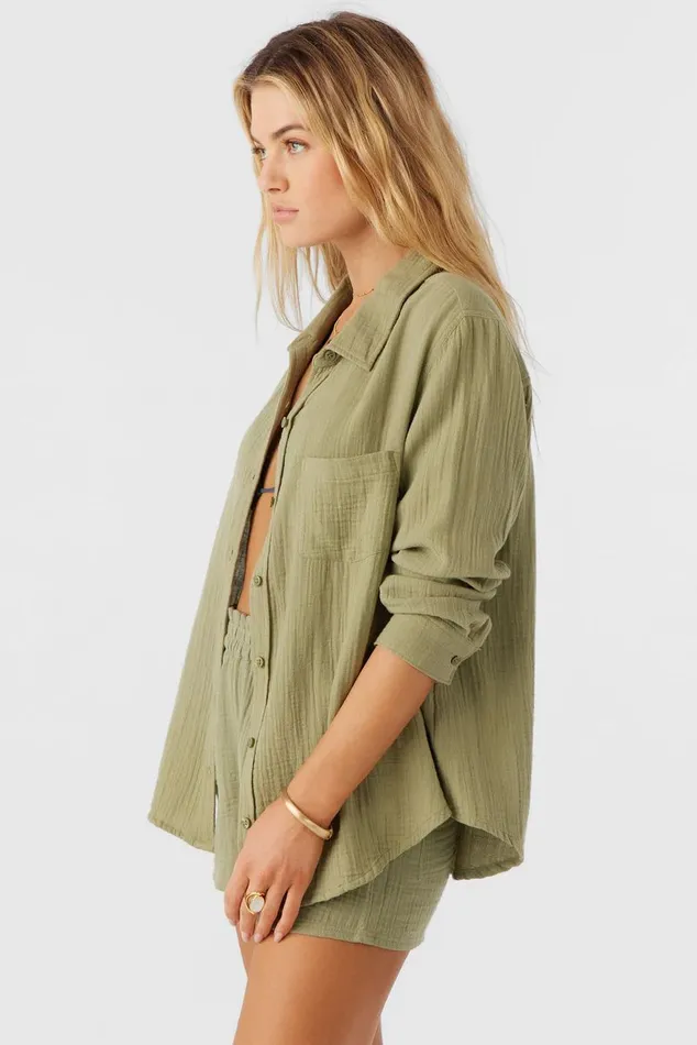 LENI CRINKLE DOUBLE GAUZE BUTTON DOWN SHIRT Oil Green Women O039NEILL Collections