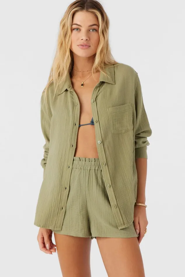 LENI CRINKLE DOUBLE GAUZE BUTTON DOWN SHIRT Oil Green Women O039NEILL Collections